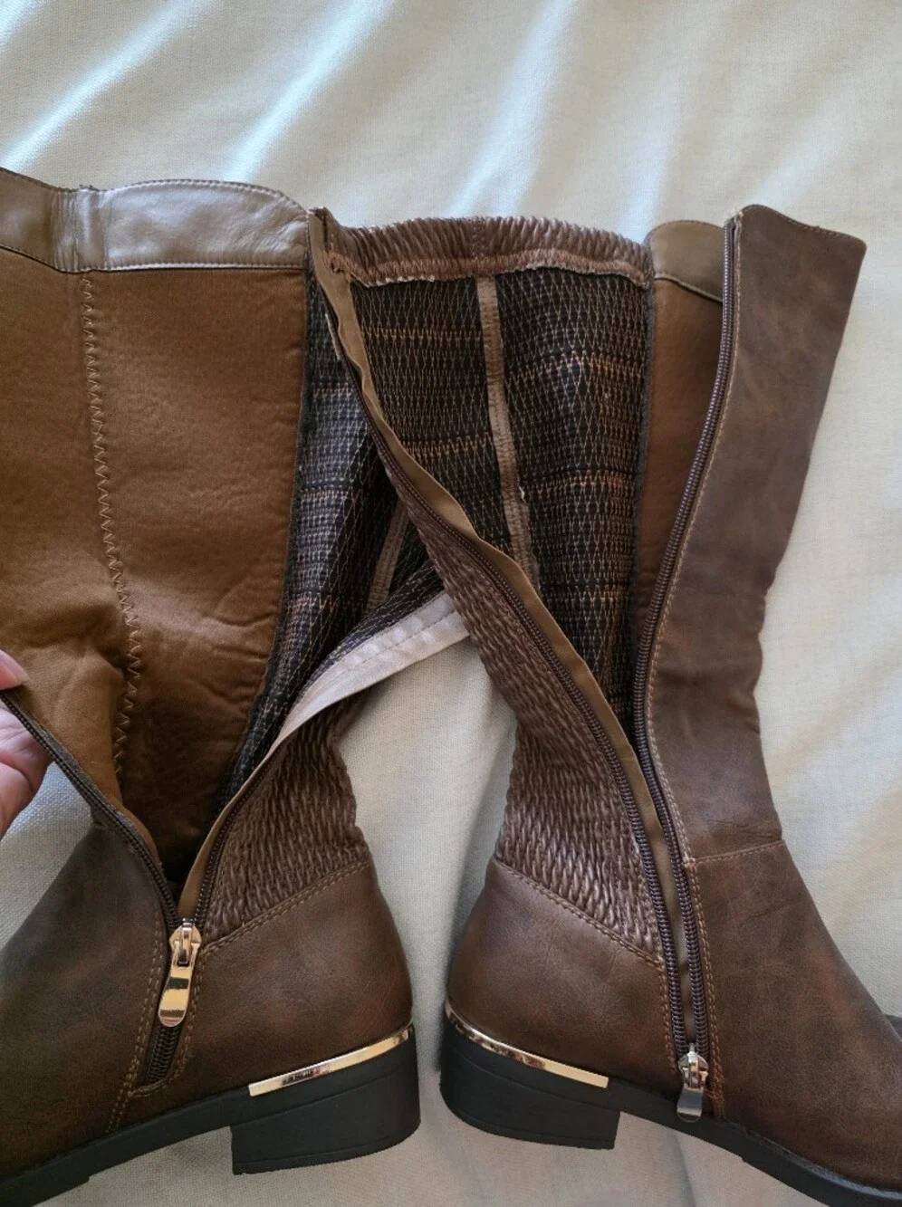 TOP Moda Women's Knee Brown Faux-Leather Boots with Stitch Detail